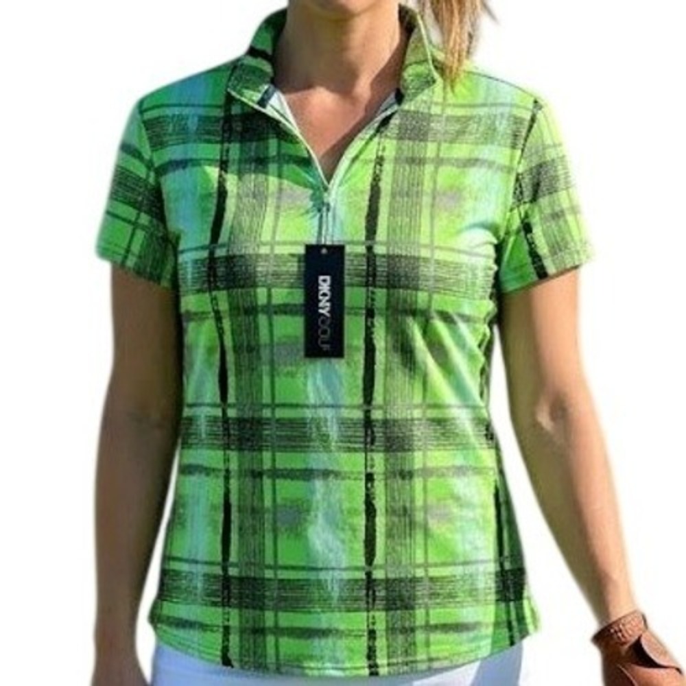 DKNY Golf Womens Lime Green Plaid 1/4 Zip Short Sleeve Polo Shirt Large NWT